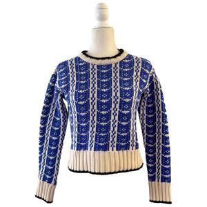Marni Wool Off White and Blue Contrast Trim Chunky Knit Intarsia Sweater Sz 2